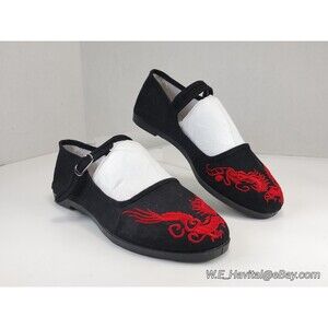 Pandamerica® Mary Jane Women dragon embroidered blk/red flat ballet shoes Size 5